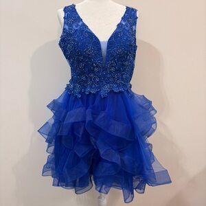 Anny Lee V-neck Royal Blue Embroidered Beaded Ruffle Tulle Mini Dress Size XL